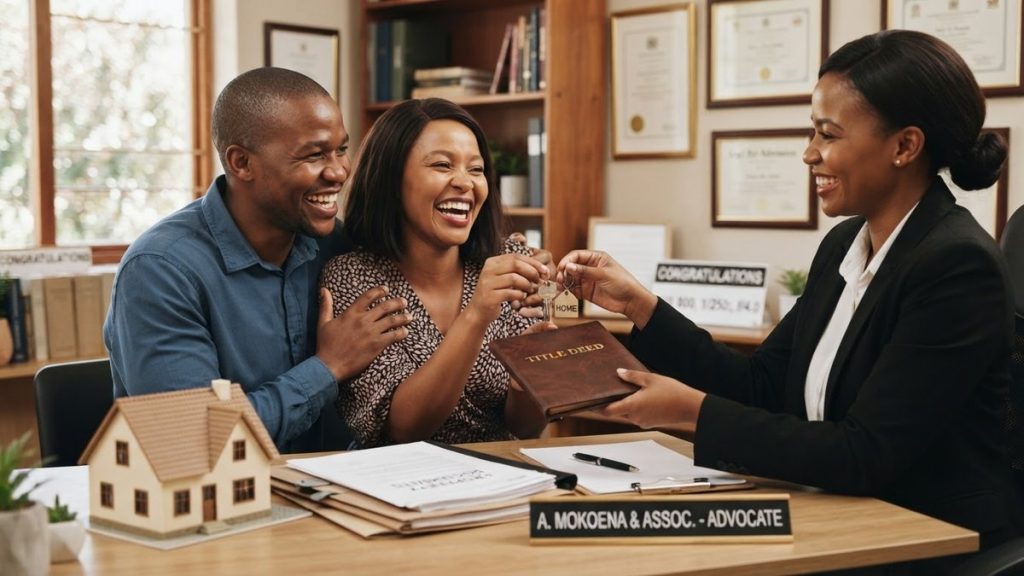 A happy couple receiving a title deed and keys from their advocate