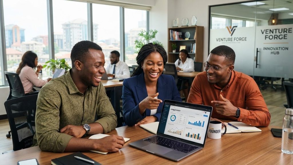 Business founders reviewing plans on a laptop in a modern office
