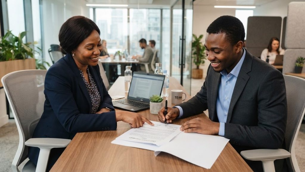 An employer and employee reviewing an employment contract