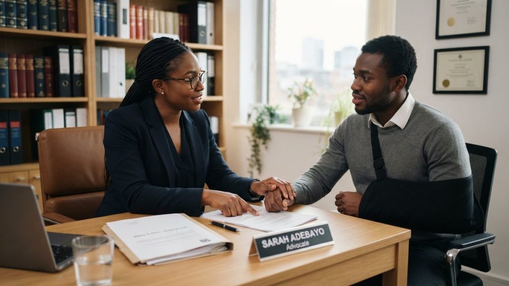 An advocate reassuring an injured client during a consultation