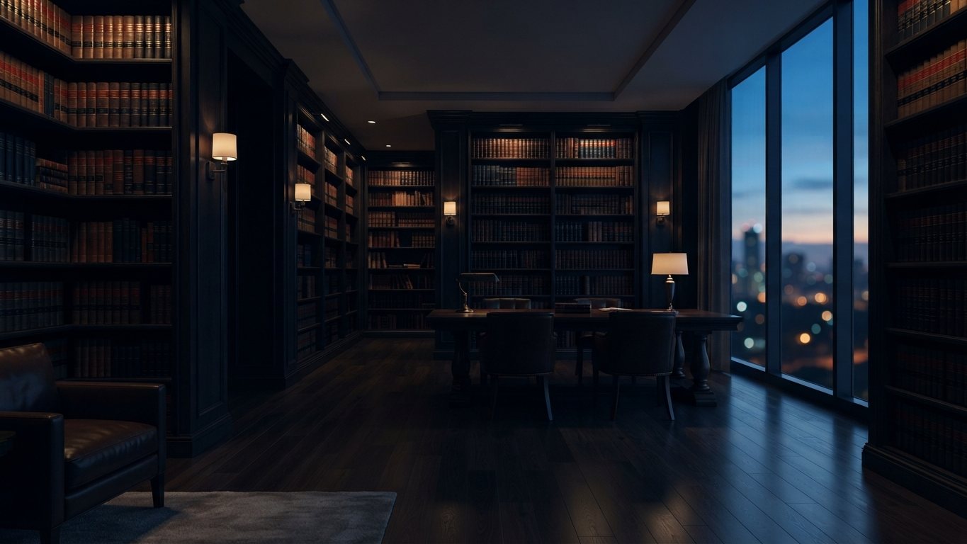 A modern law-firm library at dusk