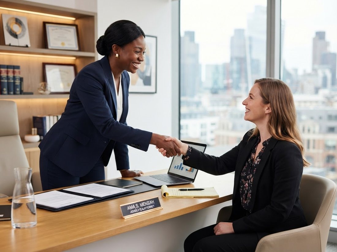 An advocate welcoming a client at the firm